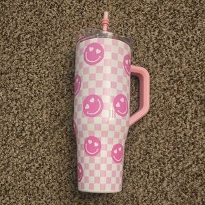 Hobby Lobby Pink Checkered Smiley Face Tumbler with Straw